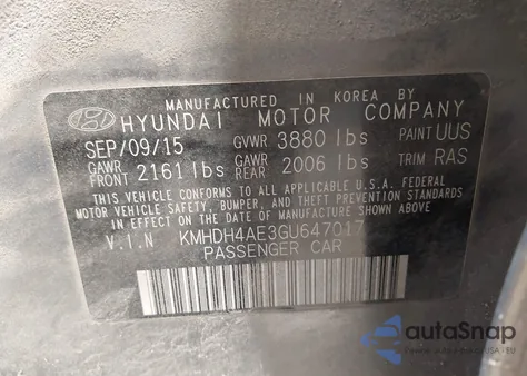 2016 Hyundai Elantra Se z USA, uszkodzony, nr VIN KMHDH4AE3GU647017